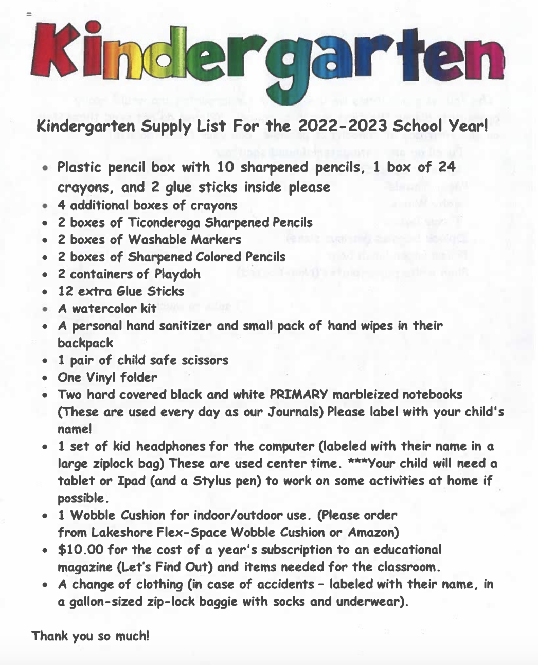 Kindergarten Supply List 